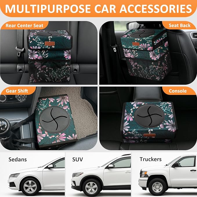 Vankor Car Trash Can for Car Cute, Bag Bin Hanging Waterproof Automotive Garbage Cans Leak Proof Vehicle Trash Can Navy Floral