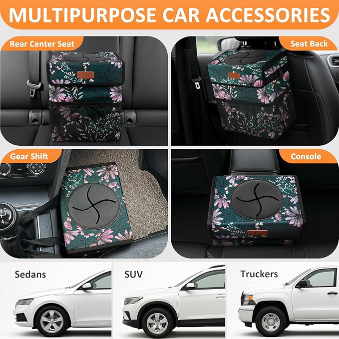Vankor 3 Gallons Car Trash Can with Lid, Car Trash Bag Bin Hanging Waterproof Automotive Garbage Cans Leak Proof Vehicle Trash Can Navy Floral