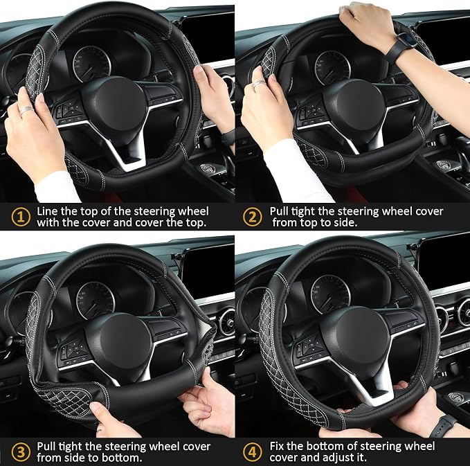 West Llama Flat Bottom Car Steering Wheel Cover for Nissan,D Shaped Steering Wheel Cover for Rogue,Altima,Kicks (Diamond Quilted-Black+Gray-Standard Size)