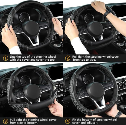 West Llama Flat Bottom Car Steering Wheel Cover for Nissan,D Shaped Steering Wheel Cover for Rogue,Altima,Kicks (Diamond Quilted-Black+Gray-Standard Size)