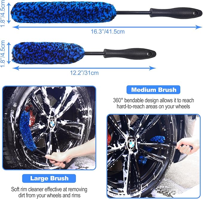 3PCS Wheel Brush Kit for Cleaning Wheel and Tire, Wheel and Rim Brush, Car Detailing Brushes, Bendable & Durable Car Wheel Rim Cleaner Brush Set,Car Detailing Cleaning Brush Supplies Kit