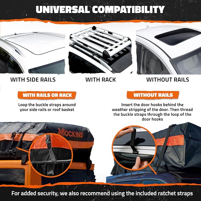 Mockins 30 Cu Ft Car Roof Cargo Carrier Bag for Top of Car Storage | 60"x43"x20" Waterproof Soft-Shell 840D Roof Bag | No Rack Rooftop Cargo Carrier with Mesh Mat, Lock, Hooks, & Straps