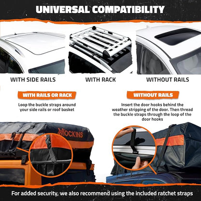 Mockins 30 Cu Ft Car Roof Cargo Carrier Bag for Top of Car Storage | 60"x43"x20" Waterproof Soft-Shell 840D Roof Bag | No Rack Rooftop Cargo Carrier with Mesh Mat, Lock, Hooks, & Straps