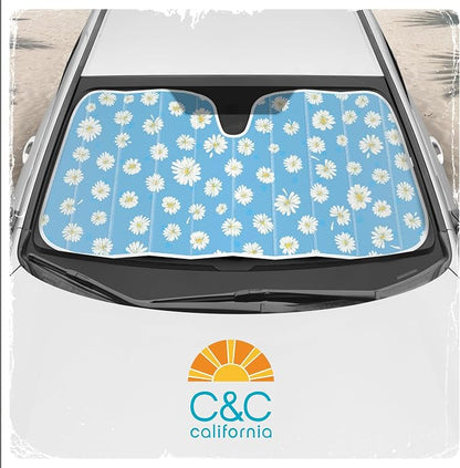 Carbella Blue Daisy Car Windshield Sun Shade - Sun Visor Sunshade for Car Windshield - Window Shades for Cars, SUV & Truck - Dash Cover UV Protection for Front Window Shade Accessories - 57" x 27"