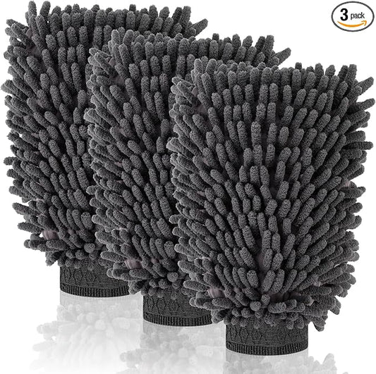 3 Pack Chenille Microfiber Car Wash Mitt, 7" x 9.6" Car Washing Mitts, Home Dusting Gloves, Scratch Free Lint-Free, Highly Absorbent, Double Sided, for Cleaning Detailing Polish (Grey)