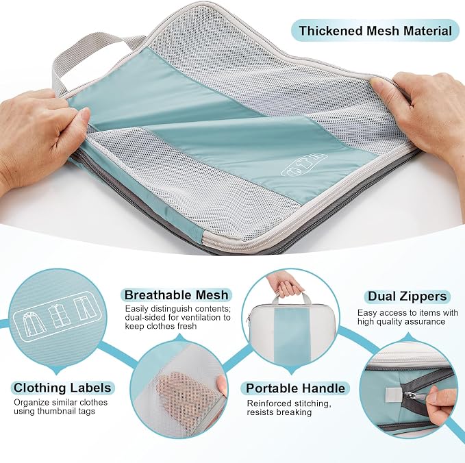OlarHike 10-Pack Compression Packing Cubes for Travel Essentials,Compressible Expandable Packing Cubes for Suitcase,Luggage Garment Bags for Travel,Handy Helper for Organizing Clothes(Blue Gray)