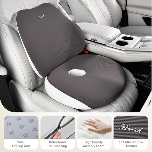 FLORICH Large Car Seat Cushion and Lumbar Support Pillow, Ergonomic Memory Foam Driving Seat Cushion for Back & Sciatica Pain Relief, Non-Slip Washable Seat Cushion for Car, Driver, Office-Gray