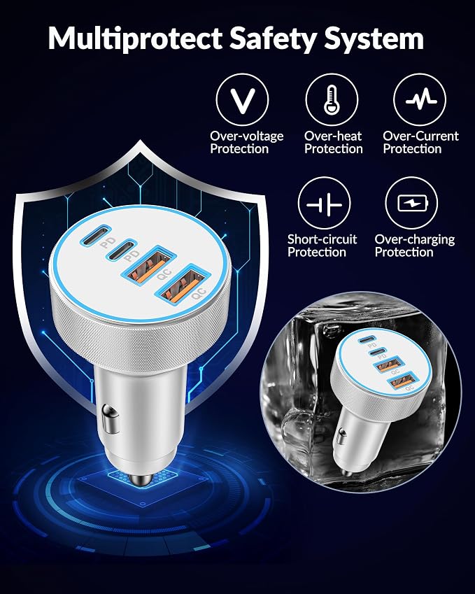 iPhone 17 16 15 Car Charger Fast Charging, 90W 4-Port USB C Fast Car Charger Cigarette Lighter Adapter with 240W 3FT USB-C Cable for iPhone 17/17 Pro/Air/17 Pro Max/16/16 Pro/ 15/15 Pro Max/Plus, iPad