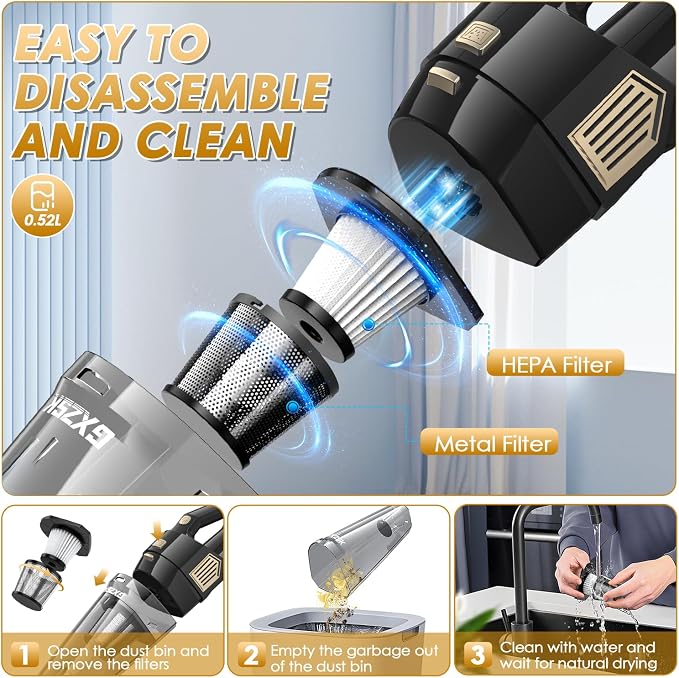 Gxzsk Handheld Vacuum Cordless, 15000PA Strong Suction Hand Held Car Vacuum Cleaner Rechargeable, Portable Hand Vacuum with Multi-Nozzles & Washable Filter for Home Office, Car, Pets