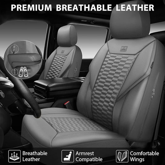 CAR PASS 3D Foam Faux Leather Car Seat Covers Full Set, Grey Breathable PU Leather Seat Covers for Cars, Luxury Universal Fit for SUVs Vans Sedan Truck Automotive, Armrest Airbag Compatible, All Gray