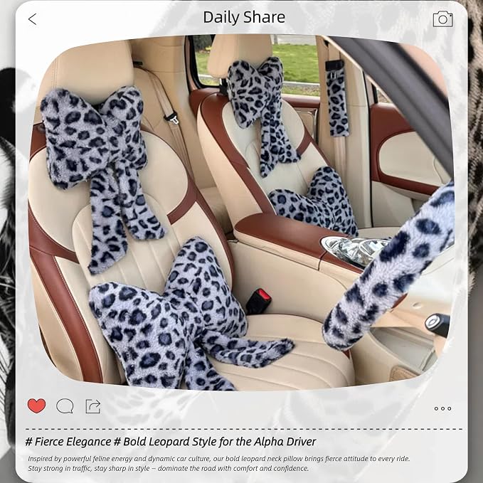 Car Neck Pillow 2PCS Plush Bowknot Car Headrest Pillow – Comfortable Neck Support for Driving Soft Touch Fabric Car Pillow Cute Interior Decor (Blue Leopard)