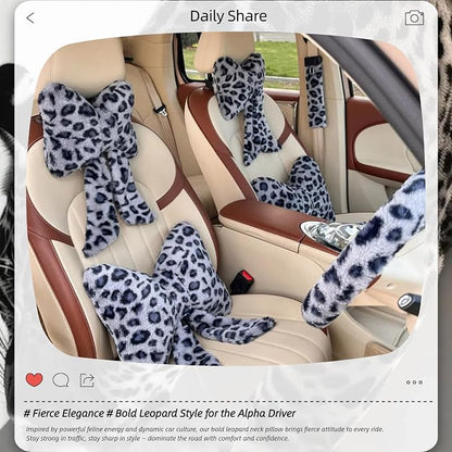 Car Neck Pillow 2PCS Plush Bowknot Car Headrest Pillow – Comfortable Neck Support for Driving Soft Touch Fabric Car Pillow Cute Interior Decor (Blue Leopard)