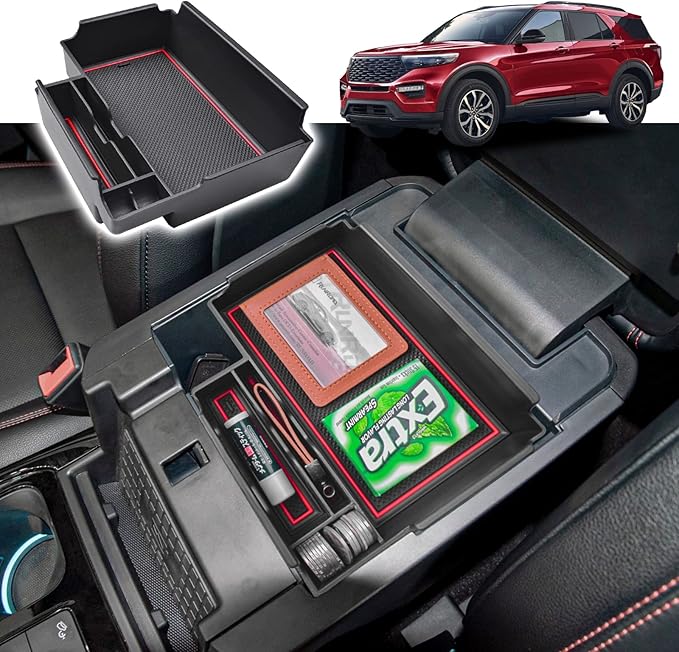 RUNROAD Upgrade Center Console Organizer Tray Compatible with Ford Explorer 2026 2025 2024 2023 2022 2021 2020 Accessories, ABS Armrest Tray Console Dividers Secondary Storage Box Container, Red
