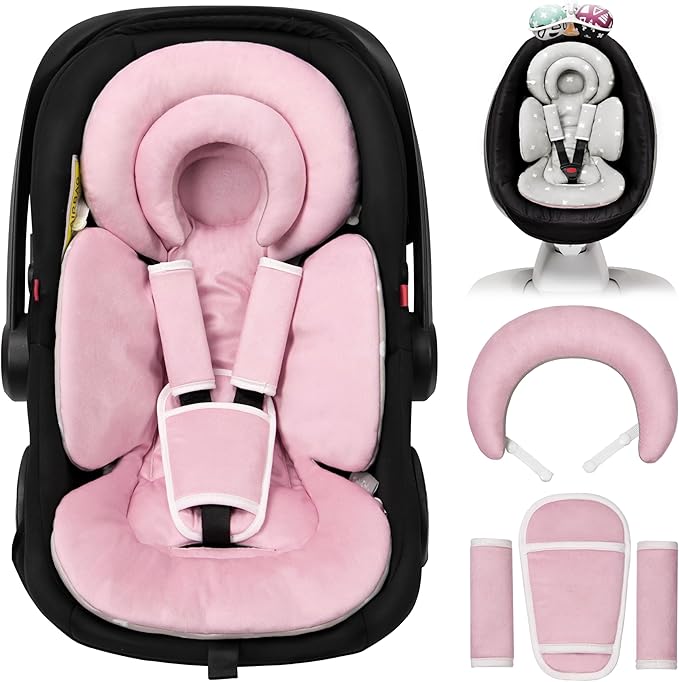 Tinlyfinly Infant Car Seat Insert with Extra Cushion for Preemie to Toddler, Reversible Newborn Carseat Insert for Baby Head Body Support, Fits for Stroller, Baby Swing, Bouncer (Pink)