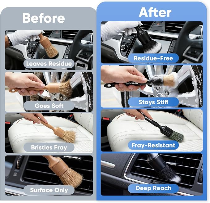 Car Detailing Brush, 6PCS Ultra Soft Boars Hair Car Interior Exterior Detailing Brushes, Scratch-Free Car Cleaning Dust Brush for Dashboard, Emblem, Air Vents, Wheels, Leather Seat