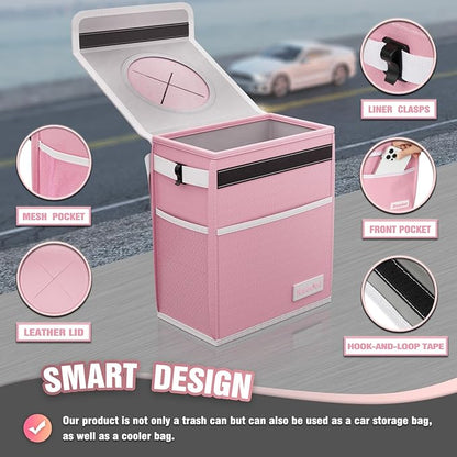 K KNODEL Car Trash Can, Waterproof Garbage Bag with Lid, Leak-Proof Trash Bin, Car Bin Hanging (Pink, Large)