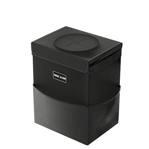 Beicarin Car Trash Can with Lid - Trash Bag Hanging with Storage Pockets Leak-Proof Organizer Collapsible and Portable Waterproof Garbage Bin, 2.2 Gallons Multipurpose Trash Bin for Car