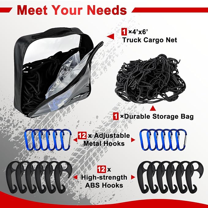 Cargo Net 4' x6' Stretches to 8' x 12' Truck Cargo Net for Pickup Truck Bed- Small 4"x4" Mesh Grid Super Duty Bungee Heavy Duty Bed Netting with 12 Adjustable Metal Carabiners by Cenipar