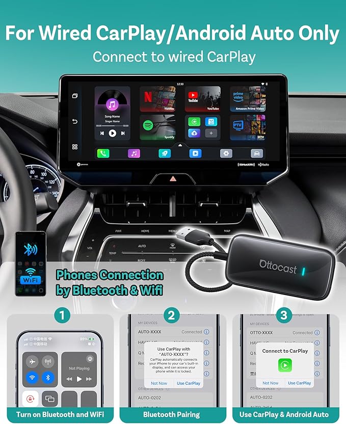 OTTOCAST Play2Video Ultra Wireless Apple CarPlay, AI Magic Box | Android Auto Adapter with WiFi 6, Bluetooth 5.4,Supports Factory Wired CarPlay