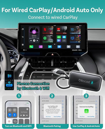 OTTOCAST Play2Video Ultra Wireless Apple CarPlay, AI Magic Box | Android Auto Adapter with WiFi 6, Bluetooth 5.4,Supports Factory Wired CarPlay