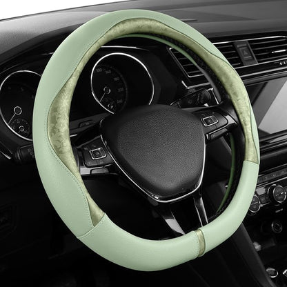 PIC AUTO Steering Wheel Cover, Green Patterned Leather Patchwork Design, Universal Fit 14.5"–15.5" D-Shape Steering Cover, Soft PU Grain Leather, Durable Grip Car Accessory for Girls & Women