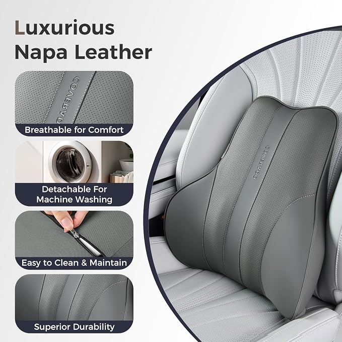 Coverado Lumbar Support Pillow for Car, Ergonomic Memory Foam Back Pillow for Office Chair, Back Cushion for Back Pain Relief, PU Leather Car Lumbar Support for Driving Seat