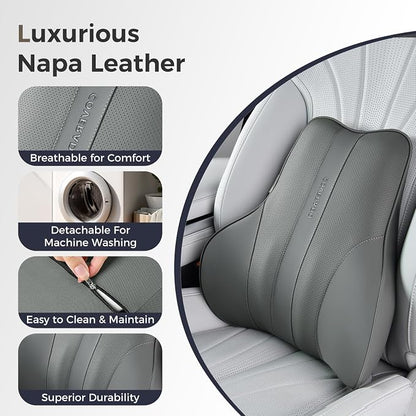 Coverado Lumbar Support Pillow for Car, Ergonomic Memory Foam Back Pillow for Office Chair, Back Cushion for Back Pain Relief, PU Leather Car Lumbar Support for Driving Seat