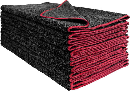Detailer's Preference Dual Pile 400 GSM Microfiber Towels with Red Trim, All-Purpose Terry Weave Cleaning Cloths for Auto, Home, Boat, Scratch-Free & Reusable, 16x24 Inches, 12-Pack
