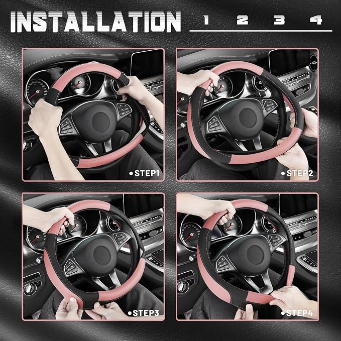 SEG Direct Steering Wheel Cover for Car, Standard Size 14.5-15 inch, Auto Interior Accessories, Black and Pink