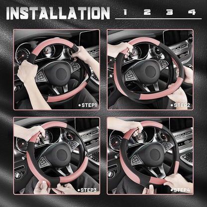 SEG Direct Steering Wheel Cover for Car, Standard Size 14.5-15 inch, Auto Interior Accessories, Black and Pink