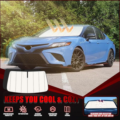 Windshield Sun Shade for Toyota Camry 2018-2024, Front Window Visor Accessories, Folding Design Blocks Heat & UV Rays Maintain Cool Interior and Save Space