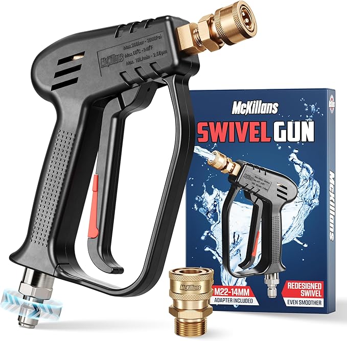 McKillans® 2026 Short Pressure Washer Gun with Upgraded Swivel - M22-14mm to 3/8 Quick Connect Included - High Pressure Water Handle - Power Washer Gun Compatible with Foam Cannon, Car Wash Gun