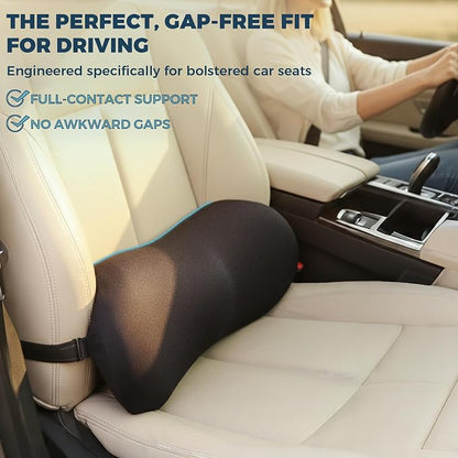 Lumbar Support Pillow for Car with Dual-Grip Stability System - Advanced Adaptive Memory Foam Back Pillow for Lower Back Pain Relief, Ergonomic Driving Seat & Office Chair Cushion, Black