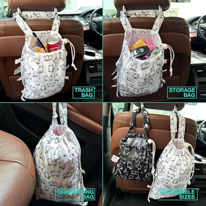 Leak-Proof Waterproof Car Trash Bag Foldable Multipurpose Trash bin Container Storage Cute Grocery Organizer Bag for Automotive Front or Back Seat in Cars SUVs and Trucks (White cats)