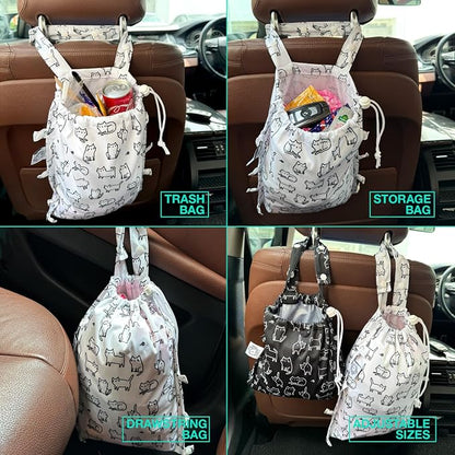 Leak-Proof Waterproof Car Trash Bag Foldable Multipurpose Trash bin Container Storage Cute Grocery Organizer Bag for Automotive Front or Back Seat in Cars SUVs and Trucks (White cats)