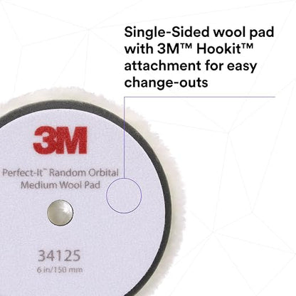 3M Perfect-It Random Orbital Medium Wool Compounding Pad, 6"/150 mm, White, 34125, Orbital Pads for Automotive Compounding and Polishing