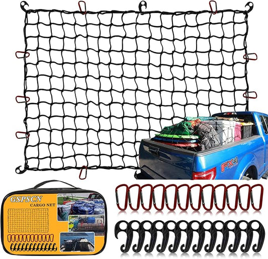 GSPSCN Cargo Net 6' x 4' for Truck Pickup Bed, Trailer,Boat,RV SUV Stretched to 12'x18' Max Roof Rack Net, 4”x4” Mesh Heavy Duty Bungee Cord Netting Compatible with Dodge Ram,Chevy Ford,Toyota