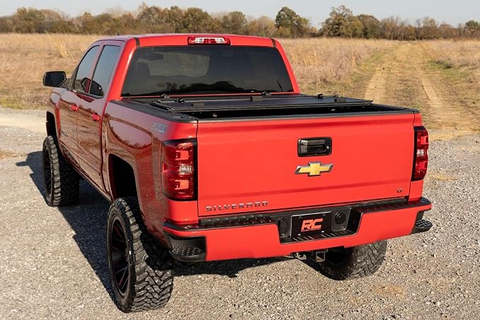Rough Country Hard Tri-Fold Truck Bed Tonneau Cover for Chevy Silverado & GMC 1500/2500HD/3500HD (2014-2019) - Aluminum Flip-Up Bed Cover, Fits 6'7 (78.8-78.9") Bed w/Rail Caps