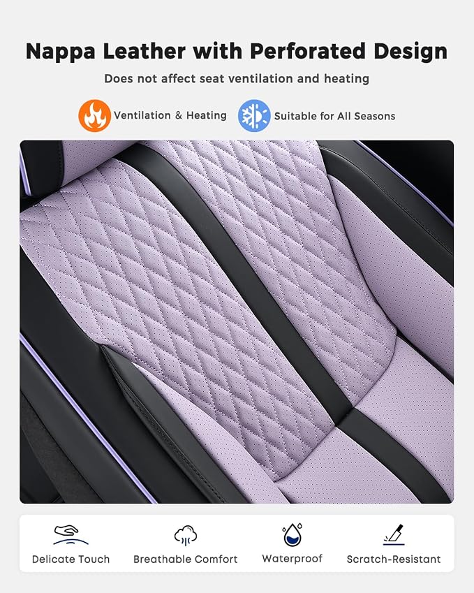 Huidasource Leather Seat Covers, Nappa Leather Seat Covers for Cars with Velcro Adjustable, Airbag, Lumbar Support, Cooling ＆ Heating, Purple Seat Covers Fit for Most Cars SUV Trucks, Black＆Purple