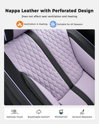 Huidasource Leather Seat Covers, Nappa Leather Seat Covers for Cars with Velcro Adjustable, Airbag, Lumbar Support, Cooling ＆ Heating, Purple Seat Covers Fit for Most Cars SUV Trucks, Black＆Purple