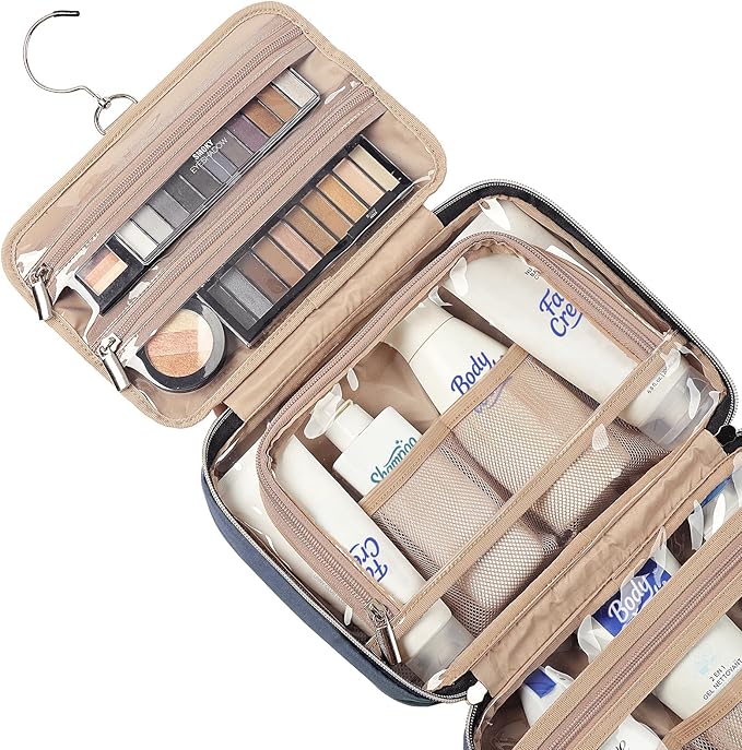 NISHEL Travel Toiletry Bag for women, Portable Hanging Organizer for Travel-Sized Shampoo, Conditioner, Brushes Set, Makeup Accessories, Medium Size, Aegean-Blue