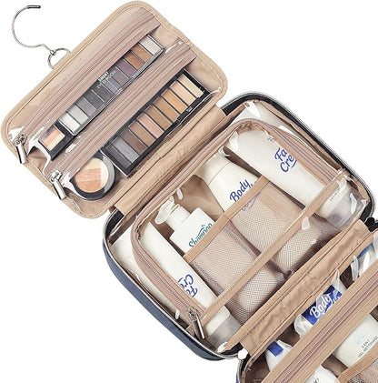 NISHEL Travel Toiletry Bag for women, Portable Hanging Organizer for Travel-Sized Shampoo, Conditioner, Brushes Set, Makeup Accessories, Medium Size, Aegean-Blue