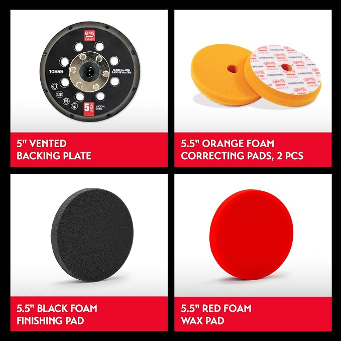 Griot's Garage 5" Orbital Conversion Kit for Car Detailing, Polishing, Waxing, Swirl and Scratch Removal, Includes 5" Backing Plate, Correcting, Finishing and Wax Pads, 10515