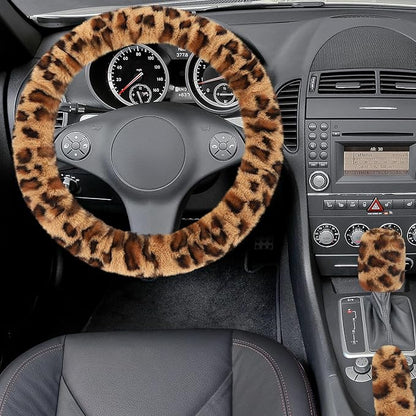 Accmor Fuzzy Car Steering Wheel Cover, Universal Fit Fur Auto Wheel Cover & Handbrake Cover & Gear Shift Cover Set, Anti-Slip Leopard Warm Fluffy Vehicle Wheel Protector Car Accessories for Men Women
