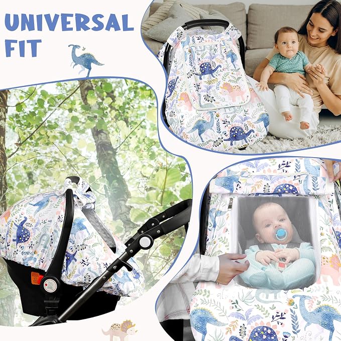 Pea Pod Car Seat Cover Baby Boy, Infant Car Seat Canopy Covers for Newborn with 2 Layers Windows of Breathable Mesh Fabric, Lightweight Polyester/Soft Minky Dot Backing