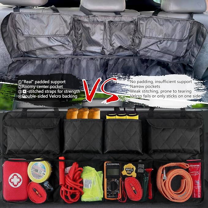 Car Trunk Hanging Organizer 3D Textured (Extra-Long), Cotton-Padded Farewell to Collapse, Reinforced Stitching, Extra-Wide Pocket, Backseat Grocery Storage Bag with 8 Pockets for SUV,Truck,Van