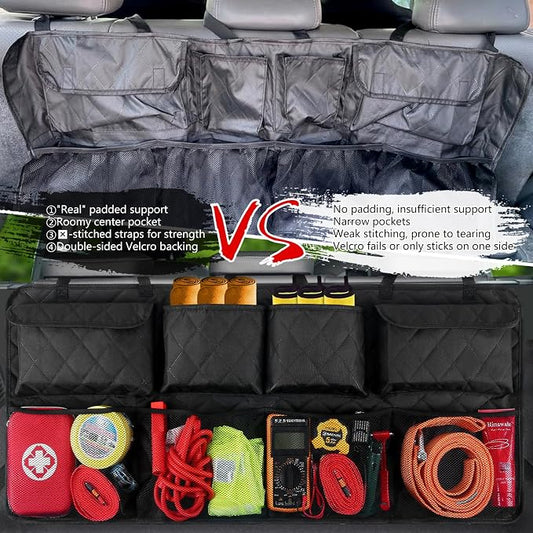 Car Trunk Hanging Organizer 3D Textured (Extra-Long), Cotton-Padded Farewell to Collapse, Reinforced Stitching, Extra-Wide Pocket, Backseat Grocery Storage Bag with 8 Pockets for SUV,Truck,Van