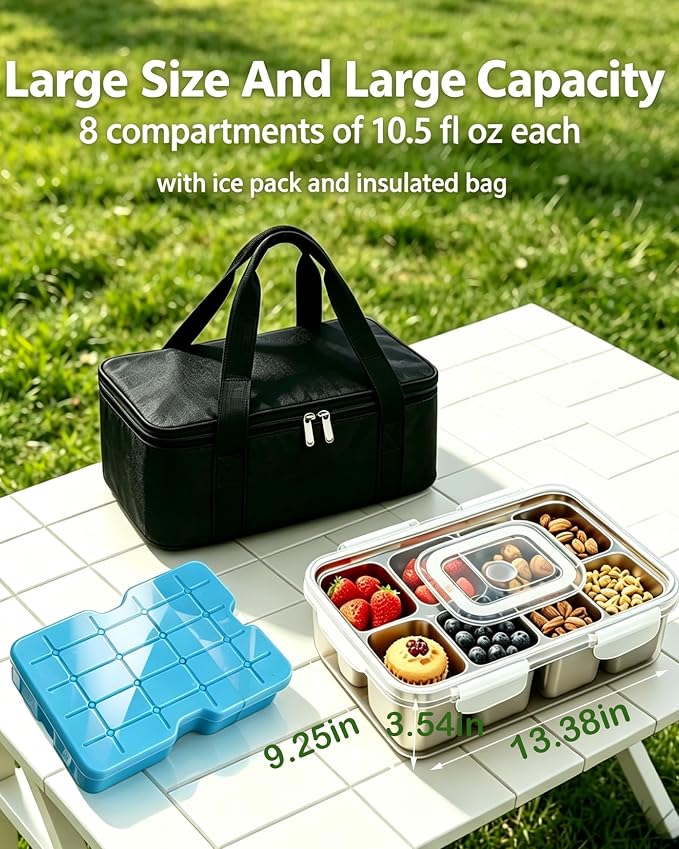 Snackle Box Container, Stainless Steel Divided Serving Tray with Lid and Handle,Large Snack Tray for Fruit Veggie, 8-Compartment Snack Platter for Travel Party Beach Picnic,with Ice Pack(Silver White)