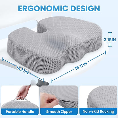 TushGuard Office/Car Seat Cushion, Non-Slip Sciatica & Back Coccyx Tailbone Pain Relief Chair Pad, Memory Foam Butt Pillow for Computer Desk, Wheelchair, Driving (Light Grey)