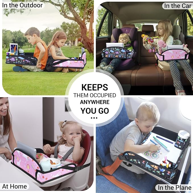 COOLBEBE Kids Travel Tray for Toddler Car Seat, 2PCS Travel Tray for Airplane, Lap Tray, Carseat Table Tray for Kids Travel Activities, Dinosaur & Pink Unicorn